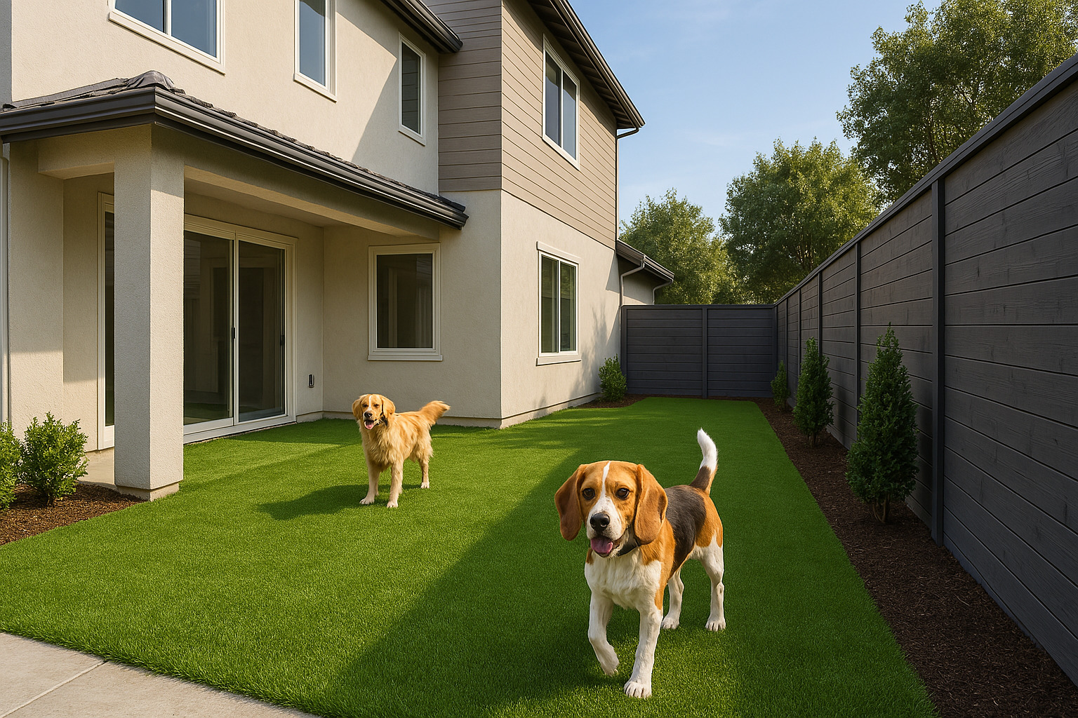 side yard featuring artificial turf with Dog Runs