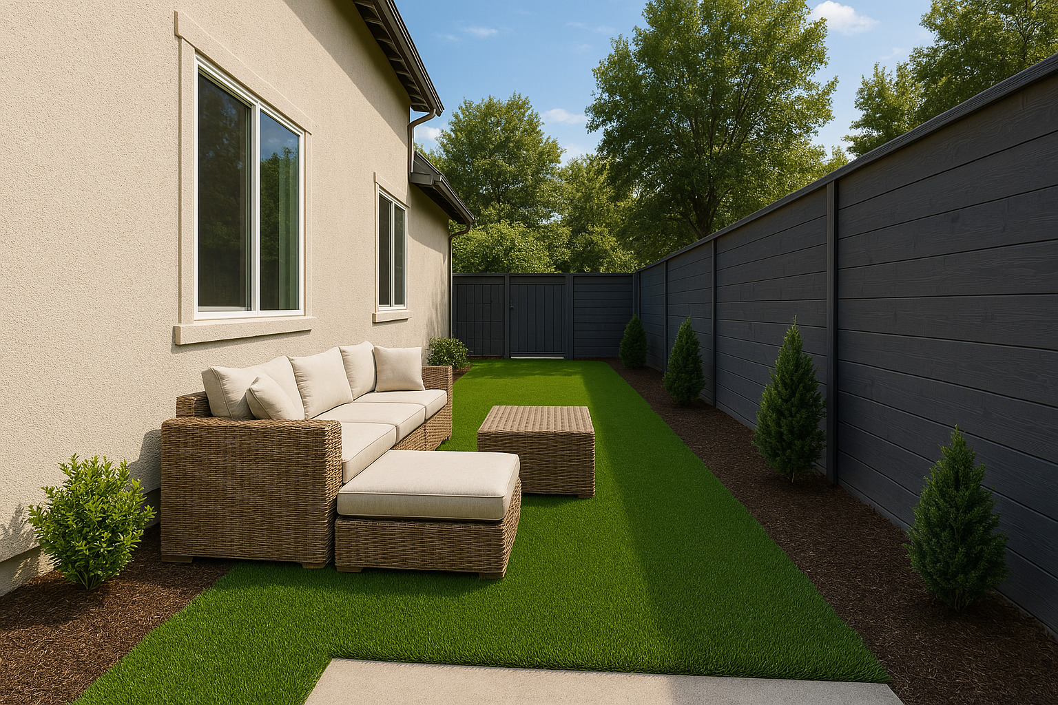 side yard featuring artificial turf with Outdoor Lounge Spaces