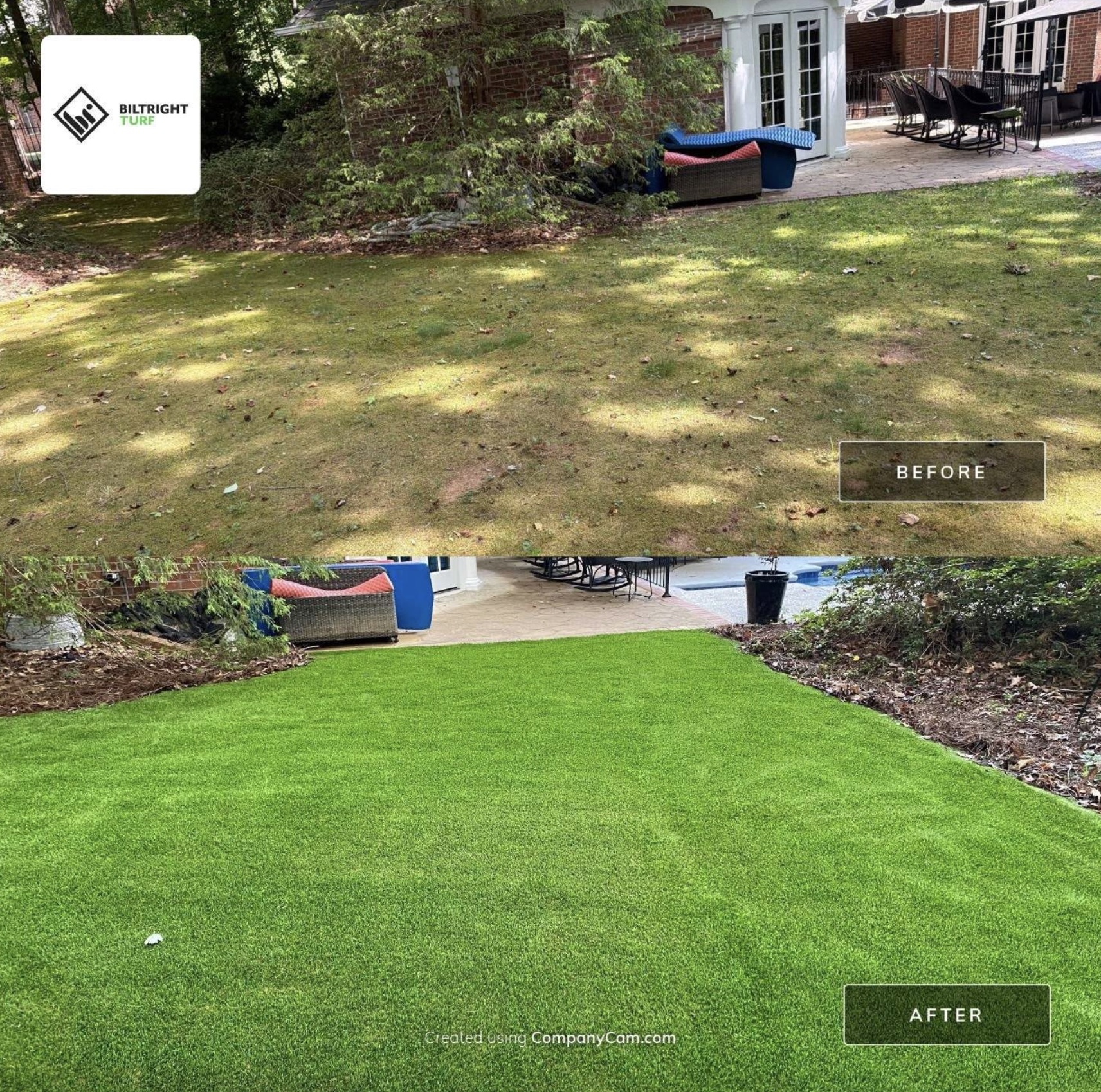 Biltright Turf yard before and after artificial turf installation, example 3