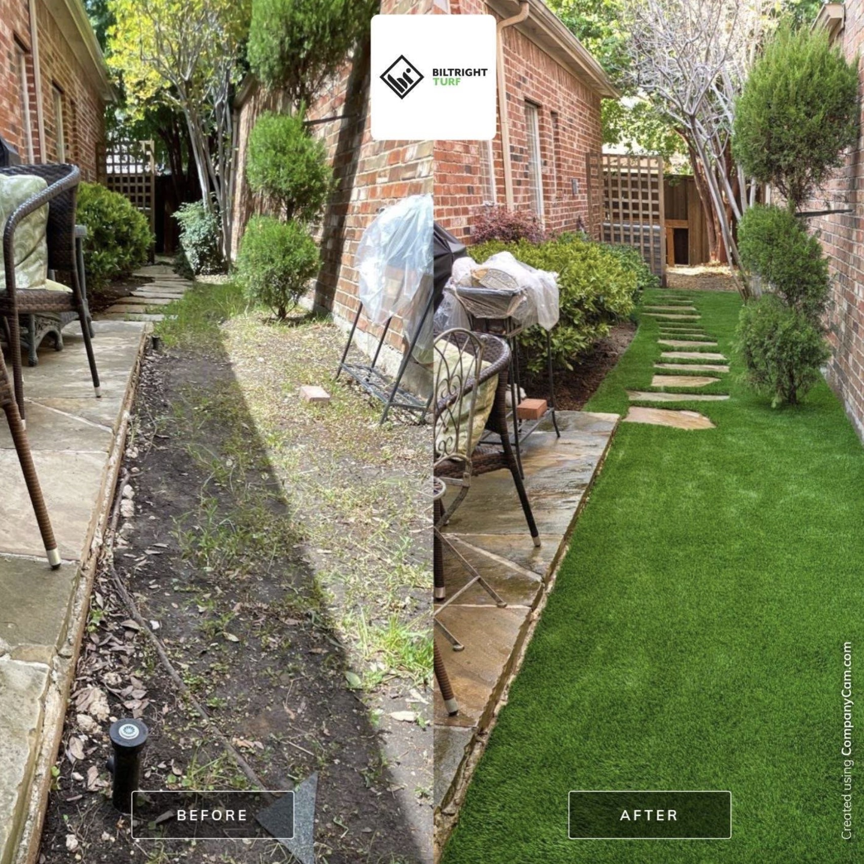 Biltright Turf yard before and after artificial turf installation, example 4