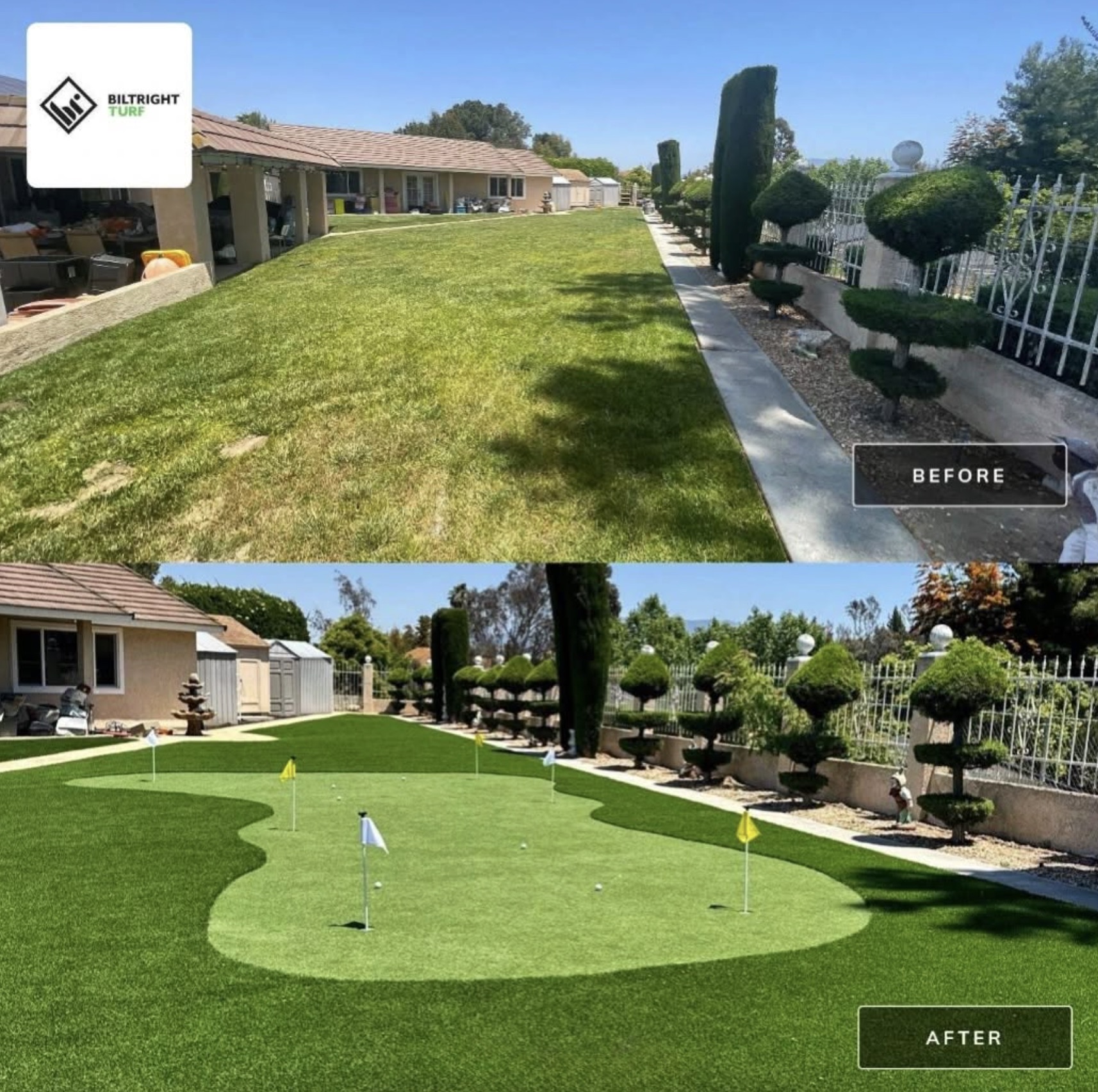 Biltright Turf yard before and after artificial turf installation, example 5