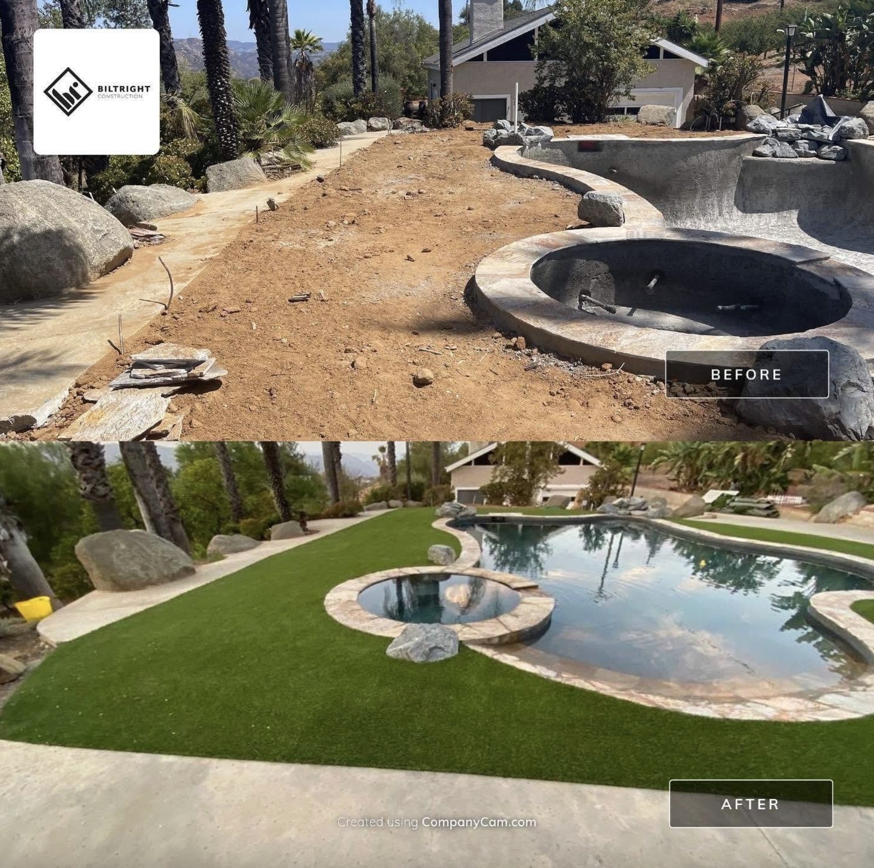 Biltright Turf yard before and after artificial turf installation, example 8