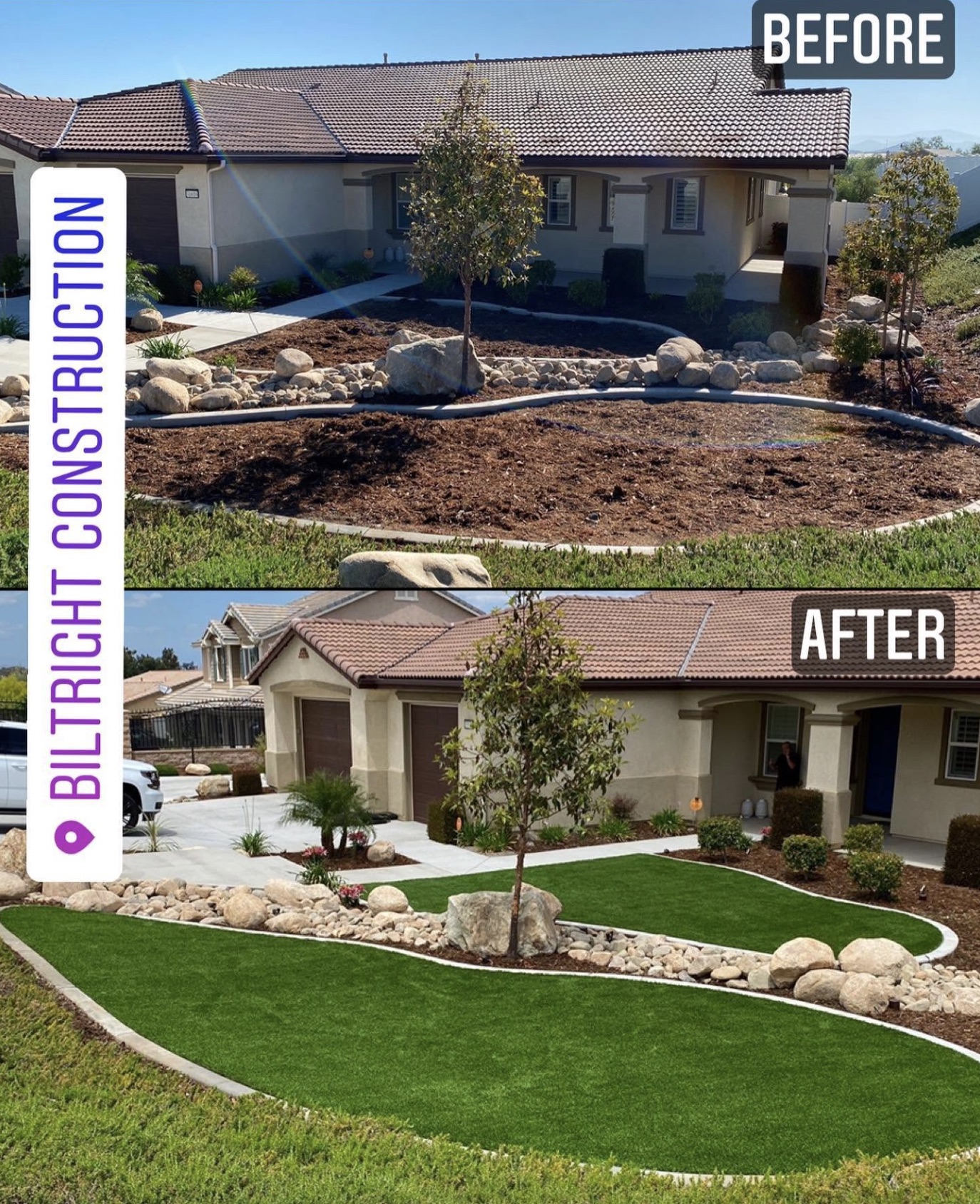 Biltright Turf yard before and after artificial turf installation, example 11