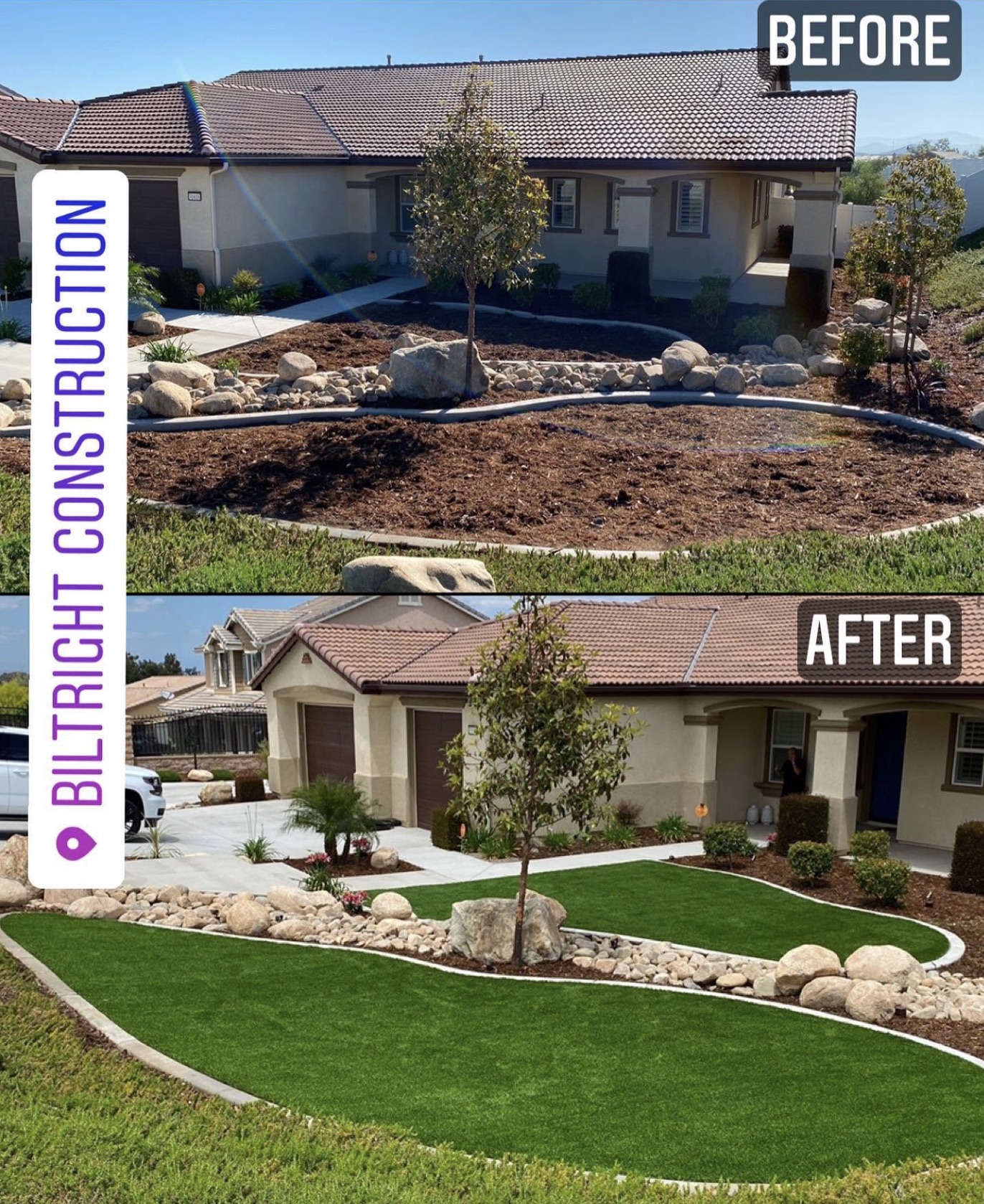 Biltright Turf yard before and after artificial turf installation, example 12