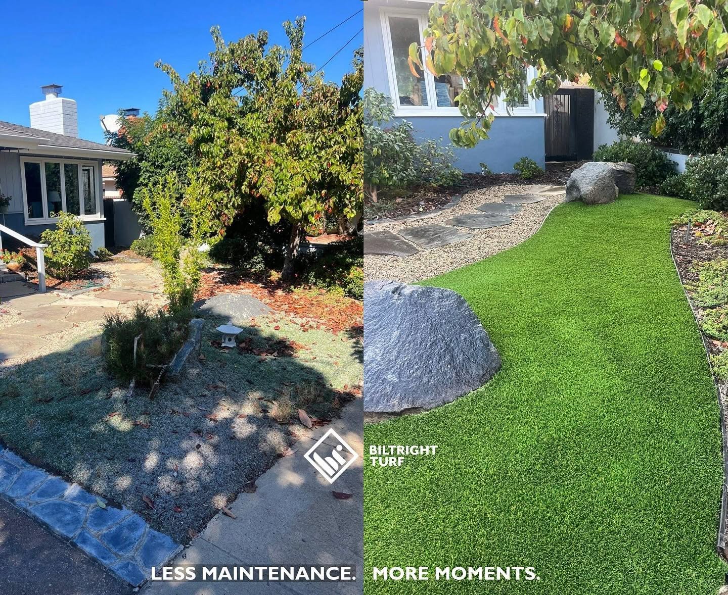 Biltright Turf yard before and after artificial turf installation, example 1